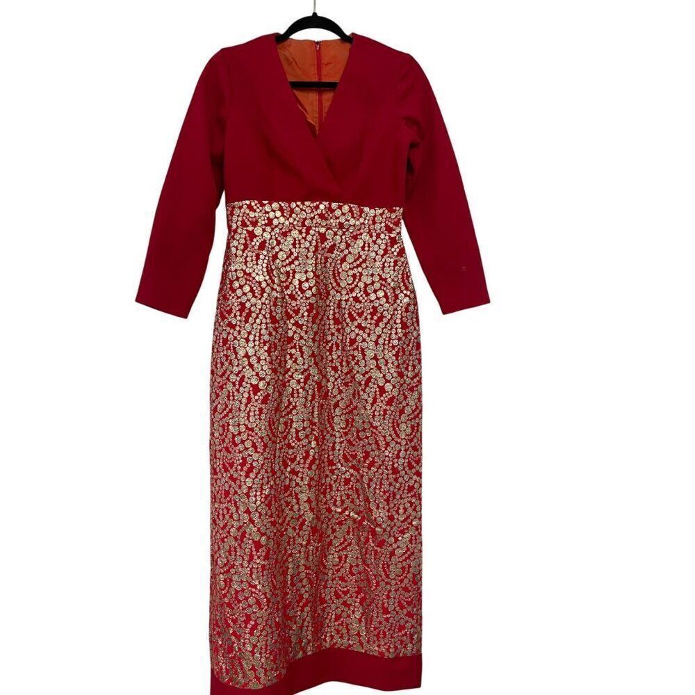 Vintage 60s Womens Dress Small S Maxi Red Gold Wrap V-Neck Evening Party Formal